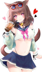 Rule 34 | 1girl, 95kazumi, animal ears, warrior of light (ff14), bare shoulders, bell, blue skirt, breasts, brown hair, bubble tea, cat ears, cat girl, cat tail, choker, closed mouth, commission, cowboy shot, crop top, crop top overhang, cropped jacket, cup, disposable cup, eyewear on head, facial mark, final fantasy, final fantasy xiv, green jacket, hand up, heart, highleg, highres, holding, jacket, jingle bell, large breasts, long hair, looking at viewer, midriff, miniskirt, miqo&#039;te, multicolored hair, navel, neckerchief, off shoulder, open clothes, open jacket, panties, pink eyes, pleated skirt, red-framed eyewear, red choker, sailor collar, school uniform, serafuku, shirt, simple background, skirt, sleeveless, sleeveless shirt, smile, solo, standing, stomach, streaked hair, string panties, sunglasses, tail, tail raised, underboob, underwear, white background, white shirt, wrist cuffs