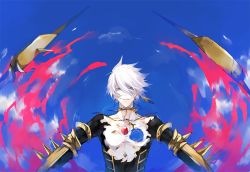 Rule 34 | 1boy, 9tsumura, bishounen, cloud, death, fate/apocrypha, fate/grand order, fate (series), fur collar, hole in chest, hole on body, jewelry, karna (fate), looking at viewer, male focus, pale skin, short hair, sky, white hair
