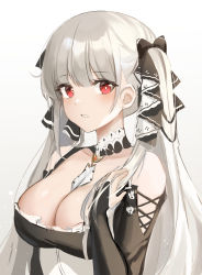Rule 34 | 1girl, absurdres, azur lane, bad id, bad pixiv id, bare shoulders, between breasts, between fingers, black bow, black dress, black ribbon, black sleeves, blunt bangs, blush, bow, breasts, bridal gauntlets, cleavage, collar, criss-cross sleeves, detached collar, detached sleeves, dress, earrings, eyebrows, formidable (azur lane), frilled dress, frills, from side, gothic lolita, hair bow, hair ribbon, hand on own shoulder, head tilt, highres, holding, jewelry, kyo (maae00), large breasts, lolita fashion, long hair, long sleeves, looking at viewer, parted lips, platinum blonde hair, red eyes, revision, ribbon, sidelocks, simple background, solo, teeth, twintails, two-tone bow, two-tone dress, very long hair, white background, white bow, white dress