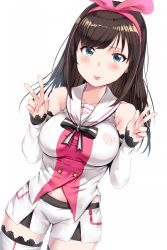 Rule 34 | 1girl, :p, aqua eyes, arm warmers, arms at sides, bare shoulders, black ribbon, blush, bow, breasts, brown hair, closed mouth, collarbone, double w, dutch angle, hair bow, hairband, hand gesture, hands up, heart, heart-shaped pupils, hews, kizuna ai, kizuna ai inc., lace, lace-trimmed legwear, lace trim, long hair, looking at viewer, medium breasts, multicolored hair, pink bow, pink hair, pink hairband, ribbon, sailor collar, short shorts, shorts, sidelocks, simple background, solo, standing, straight hair, streaked hair, swept bangs, symbol-shaped pupils, thighhighs, tongue, tongue out, vest, virtual youtuber, w, white background, white shorts, white thighhighs, white vest