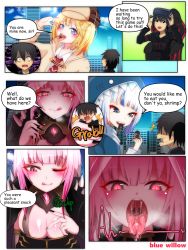 Rule 34 | 3girls, 4boys, ^^^, artist name, black hair, black nails, blonde hair, blue eyes, blue hair, blue willow, blush, breasts, chair, city, cleavage, cloud, comic, drooling, english text, gawr gura, giant, giantess, hat, hololive, hololive english, imminent vore, large breasts, long hair, mini person, miniboy, mori calliope, multicolored hair, multiple boys, multiple girls, nail polish, necktie, one eye closed, open mouth, pink hair, red eyes, saliva, saliva trail, scared, shark girl, short hair, sitting, size difference, sky, smile, soft vore, speech bubble, surprised, swallowing, sweat, teeth, tongue, tongue out, uvula, virtual reality, virtual youtuber, vore, watson amelia, white hair