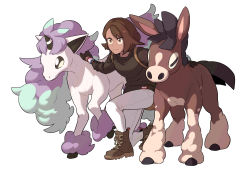 Rule 34 | 1girl, alternate costume, black gloves, bob cut, boots, brown eyes, brown footwear, brown hair, closed mouth, collarbone, commentary request, creatures (company), dynamax band, eyelashes, galarian form, galarian ponyta, game freak, gen 7 pokemon, gen 8 pokemon, gloria (pokemon), gloves, highres, korean commentary, mudbray, nintendo, on one knee, pants, pokemon, pokemon (creature), pokemon swsh, redlhzz, short hair, simple background, smile, strap, white background, white pants