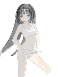 Rule 34 | 1girl, 86thunder, bad drawr id, bad id, blue eyes, blunt bangs, bra, character request, copyright request, cropped legs, expressionless, frilled panties, frills, hairband, hand on own thigh, long hair, looking at viewer, navel, oekaki, panties, simple background, solo, standing, underwear, white background, white bra, white hairband, white panties