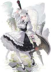 Rule 34 | 1girl, absurdres, animal ears, apron, arm up, warrior of light (ff14), axe, black footwear, black nails, broken pillar, cat ears, cat girl, cat tail, center frills, commentary, dress, expressionless, facial mark, final fantasy, final fantasy xiv, frilled dress, frills, full body, highres, holding, holding axe, karurururuun, leaf, long hair, looking to the side, maid, maid apron, maid headdress, miqo&#039;te, nail polish, outdoors, pantyhose, pillar, plant, puffy sleeves, red eyes, shoes, solo, standing, tail, warrior (final fantasy), white apron, white background, white hair, white pantyhose, window, wrist cuffs