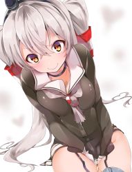 Rule 34 | 10s, 1girl, absurdres, amatsukaze (kancolle), bad id, bad pixiv id, breast press, breasts, brown dress, brown eyes, choker, dress, from above, garter straps, gloves, hair between eyes, hair tubes, highres, hiiragi ken, kantai collection, long hair, looking at viewer, medium breasts, perspective, sailor collar, sailor dress, short dress, silver hair, single glove, smile, solo, thighhighs, thighs, two side up, v arms, white gloves
