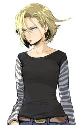 Rule 34 | 1girl, android 18, blonde hair, blue eyes, breasts, dragon ball, dragonball z, earrings, enami katsumi, hair between eyes, jewelry, short hair, small breasts, solo, white background