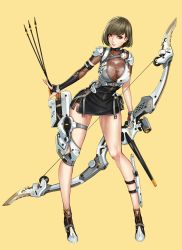 Rule 34 | 1girl, arrow (projectile), black gloves, black skirt, bow (weapon), breasts, brown eyes, brown hair, cleavage, cyborg, destiny child, elbow gloves, fingerless gloves, full body, gloves, highres, knife, leaning forward, looking at viewer, orange background, parted lips, pouch, quiver, shoes, short hair, skirt, soldier, solo, weapon, wei (kaminari0411)