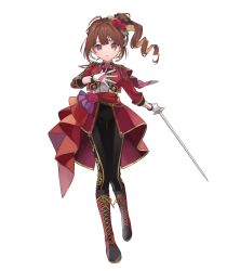 Rule 34 | 1girl, bad id, bad twitter id, black pants, black ribbon, blush, boots, brown hair, chiri (ch!), closed mouth, commentary, cross-laced footwear, drill hair, epaulettes, flower, full body, gloves, hair flower, hair ornament, hair ribbon, holding, holding sword, holding weapon, idolmaster, idolmaster million live!, idolmaster million live! theater days, jacket, lace-up boots, left-handed, long hair, long sleeves, looking at viewer, pants, purple eyes, rapier, red-framed eyewear, red flower, red jacket, red rose, ribbon, rose, shirt, side drill, side ponytail, simple background, solo, standing, sword, waist cape, weapon, white background, white gloves, white shirt, yokoyama nao