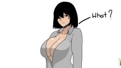 Rule 34 | anime screenshot, breasts, colored skin, highres, large breasts, medium breasts, non-web source, original, shiny skin, shirt, short hair, skirt, toon (style), white shirt, white skirt
