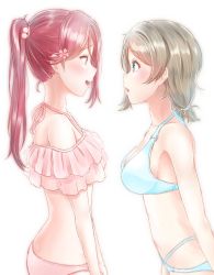 Rule 34 | 2girls, :d, bare arms, bare shoulders, bikini, blue eyes, blush, breasts, brown eyes, cleavage, eye contact, flower, from side, hair flower, hair ornament, halterneck, highres, long hair, looking at another, love live!, love live! sunshine!!, medium breasts, multiple girls, open mouth, pink bikini, pink flower, ponytail, red hair, sakurauchi riko, short hair, sideboob, silver hair, simple background, smile, standing, swimsuit, toine, watanabe you, white background, white bikini