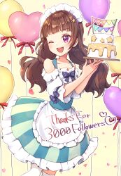Rule 34 | 1girl, absurdres, alternate costume, amanogawa kirara, apron, balloon, blue dress, blunt bangs, brown hair, cake, clothing cutout, commentary, cowboy shot, dress, english text, food, frilled dress, frills, go! princess precure, hat ornament, heart, heart balloon, highres, holding, holding tray, looking to the side, low twintails, maid headdress, milestone celebration, open mouth, pinafore dress, precure, purple eyes, shirt, short dress, short sleeves, shoulder cutout, shuu (mniarnoakou), sleeveless, sleeveless dress, smile, solo, standing, star (symbol), star hat ornament, string of flags, thank you, thighhighs, tray, twintails, twitter username, waist apron, waitress, white shirt, white thighhighs