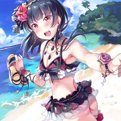 Rule 34 | 10s, 1girl, :d, ass, beach, bikini, bikini skirt, black bikini, black bow, black bowtie, black hair, blush, bow, bowtie, bracelet, breasts, choker, cleavage, cloud, collarbone, day, earrings, floral print, flower, hair flower, hair ornament, hair ribbon, holding, holding clothes, holding footwear, jewelry, long hair, looking at viewer, love live!, love live! school idol festival, love live! sunshine!!, medium breasts, necklace, ocean, open mouth, outdoors, pink flower, pink rose, print bikini, purple eyes, ribbon, rose, sandals, sky, smile, solo, standing, striped bow, striped bowtie, striped clothes, striped neckwear, swimsuit, teeth, thigh strap, tipii, tsushima yoshiko, twisted torso, unworn footwear, unworn sandals, upper teeth only, water, wrist flower