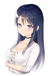 Rule 34 | 1girl, arm across waist, black choker, blue eyes, blue hair, blush, breasts, choker, cleavage, closed mouth, collarbone, cross-laced clothes, long hair, long sleeves, looking at viewer, medium breasts, real life, shirt, simple background, sleeves rolled up, smile, solo, sunako (veera), twitter username, upper body, white background, white shirt