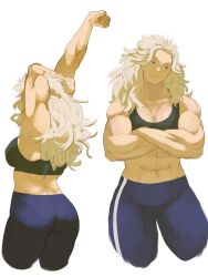 Rule 34 | 1girl, abs, artist request, blonde hair, breasts, dorohedoro, highres, large breasts, long hair, muscular, muscular female, navel, noi (dorohedoro), red eyes, simple background, smile, solo, sports bra, stomach