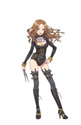 Rule 34 | 1girl, :d, annette grace, belt pouch, black footwear, black thighhighs, blue eyes, boots, bracelet, breasts, brown hair, cleavage, contrapposto, cross-laced footwear, full body, hand on own hip, high heel boots, high heels, highres, jewelry, knee boots, knife, lace-up boots, leg belt, leotard, long hair, looking at viewer, medium breasts, official art, open mouth, pouch, princess principal, princess principal game of mission, smile, standing, thighhighs, throwing knife, transparent background, weapon