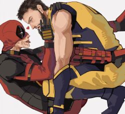 2boys arm_support beard between_legs brown_hair burn_scar commentary_request couple deadpool deadpool_&amp;_wolverine deadpool_(series) eye_contact facial_hair hand_around_neck hand_on_another&#039;s_cheek hand_on_another&#039;s_face heart kneeling legs_up looking_at_another lying male_focus marvel multiple_boys neginegi_56 on_back scar scar_on_face sideburns simple_background single_bare_shoulder superhero_costume teeth tongue tongue_out upper_teeth_only white_background wolverine_(x-men) x-men yaoi