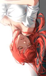 Rule 34 | 1girl, absurdres, chainsaw man, dress, hair flowing over, highres, kozzz y, long hair, looking to the side, makima (chainsaw man), parted lips, red hair, ringed eyes, sideways, simple background, solo, white background, white dress, yellow eyes