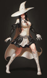 Rule 34 | 1girl, black hair, boots, cape, hat, highres, knee boots, long hair, original, skirt, solo, witch, syar page, white footwear, witch, witch hat, wizard hat