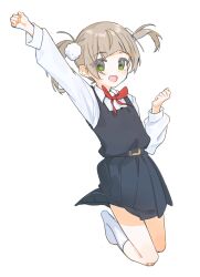 Rule 34 | 1girl, :d, aged down, alt text, arm up, bandaid, bandaid on knee, bandaid on leg, belt, black belt, black dress, blush, bow, collared shirt, commentary request, dot nose, dress, full body, green eyes, hair ornament, hand up, highres, indie virtual youtuber, kurobeko (kur0bek0), light brown hair, long sleeves, looking at viewer, looking to the side, open mouth, pinafore dress, pleated dress, pom pom (clothes), pom pom hair ornament, raised eyebrows, raised fist, red bow, school uniform, shigure ui (vtuber), shigure ui (vtuber) (young), shirt, sidelocks, sideways glance, simple background, sleeveless, sleeveless dress, smile, socks, solo, three quarter view, twintails, virtual youtuber, white background, white shirt, white socks