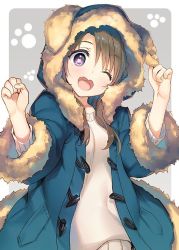 Rule 34 | 1girl, ;d, animal hood, blue coat, blush, brown hair, coat, dog hood, duffel coat, fang, fur-trimmed coat, fur-trimmed sleeves, fur trim, grey background, hands up, head tilt, heart, heart-shaped pupils, hood, hood up, hooded coat, long hair, long sleeves, looking at viewer, one eye closed, open mouth, original, paw print, paw print background, purple eyes, round teeth, smile, solo, sweater, symbol-shaped pupils, tareme, tatami to hinoki, teeth, upper body, w arms, white sweater, winter clothes, winter coat