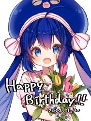 Rule 34 | 1girl, ahoge, blue eyes, blue hair, blue headwear, bouquet, commentary, dated, eel hat, fang, flower, happy birthday, highres, holding, holding bouquet, kajiki ngtk9, large hat, long hair, looking at viewer, open mouth, otomachi una, otomachi una (sugar), pink flower, sailor collar, shirt, short sleeves, skin fang, smile, solo, tulip, twintails, upper body, vocaloid, white background, white flower, white sailor collar, white shirt, yellow flower