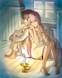 Rule 34 | 10s, 1boy, 1girl, albyee, back-to-back, barefoot, black hair, blue eyes, candle, candlestand, closed eyes, collarbone, commentary, couple, dark, darling in the franxx, fingernails, hand on own knee, hetero, highres, hiro (darling in the franxx), holding hands, horns, hugging own legs, indoors, long hair, looking back, nightgown, oni horns, pajamas, pink hair, red horns, short hair, sitting, sleeveless, white pajamas, zero two (darling in the franxx)