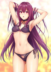 Rule 34 | 1girl, aged down, armpits, arms behind head, arms up, bare shoulders, blurry, blurry background, bow, bow panties, bra, breasts, cleavage, fate/grand order, fate (series), hair intakes, hands in hair, hip focus, long hair, looking at viewer, medium breasts, navel, open mouth, panties, purple bow, purple bra, purple hair, purple panties, red eyes, scathach (fate), side-tie panties, solo, thighs, underwear, zucchini