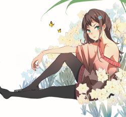 Rule 34 | 1girl, black pantyhose, blue flower, braid, brown hair, bug, butterfly, closed mouth, daffodil, dice, flower, green eyes, hair flower, hair ornament, hairclip, holding, insect, lily (flower), lily (vocaloid), long hair, looking at viewer, off-shoulder shirt, off shoulder, oiessw, orange butterfly, original, pantyhose, pink shirt, self-upload, shirt, short sleeves, single bare shoulder, sitting, vocaloid, white background, wide sleeves, yellow flower