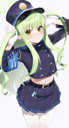 Rule 34 | 1girl, absurdres, belt, black belt, black hat, black jacket, black skirt, blue archive, blush, closed mouth, cowboy shot, gloves, green hair, green halo, halo, hat, highres, hikari (blue archive), jacket, long hair, long sleeves, looking at viewer, not forever2w, pantyhose, peaked cap, pleated skirt, pointy ears, simple background, skirt, solo, white background, white gloves, white pantyhose, yellow eyes