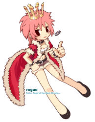 Rule 34 | 1girl, bare legs, belt, black eyes, bracelet, character name, coin, coin flip, crown, cutoffs, earrings, english text, flats, floating, fur, fur trim, highres, jewelry, light smile, looking at viewer, navel, pink hair, puffy sleeves, ragnarok online, rogue (ragnarok online), sarashi, short hair, short shorts, shorts, simple background, solo, spiked bracelet, spikes, text focus, white background