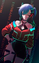 Rule 34 | 1girl, absurdres, animal ears, arm tattoo, artificial eye, artist name, blue eyes, blue hair, blue nails, cat ears, choker, collarbone, cyberpunk, fingerless gloves, gloves, highres, hololive, hoshimachi suisei, huybu51, jacket, jewelry, mechanical eye, necklace, partially unzipped, ponytail, red jacket, shoulder tattoo, solo, tattoo, virtual youtuber