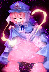 Rule 34 | 1girl, blue hat, blue kimono, breasts, center frills, cherry blossoms, closed eyes, closed mouth, clothes lift, commentary request, dark background, falling, frills, hat, hitodama, japanese clothes, kimono, large breasts, leaning forward, lifted by self, mob cap, nagare, petals, petticoat, pink hair, saigyou ayakashi, saigyouji yuyuko, short hair, skirt, skirt hold, skirt lift, smile, solo, touhou, triangular headpiece