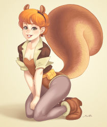 Rule 34 | 1girl, acorn, acorn earrings, animal ears, ankle boots, bad id, bad pixiv id, belt, belt pouch, boots, breasts, buck teeth, cleavage, doreen green, earrings, fake animal ears, freckles, green eyes, grey pantyhose, hairband, hands on own knees, jacket, jewelry, kneeling, large tail, leotard, lips, maou alba, marvel, orange hair, pantyhose, pouch, short hair, sleeves pushed up, smile, solo, squirrel ears, squirrel girl, squirrel girl (marvel), squirrel tail, superhero costume, tail, teeth
