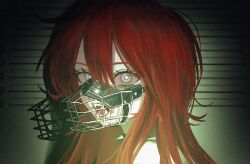 Rule 34 | 1girl, blood, blood on face, blue eyes, bright pupils, collar, fangs, long hair, looking at viewer, muzzle, open mouth, original, portrait, red hair, riroi (rntr ll), solo, spiked collar, spikes