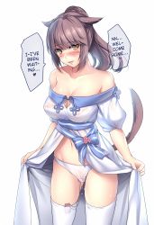 Rule 34 | 10s, 1girl, animal ears, aruma jiki, blush, breasts, brown hair, cleavage, covered erect nipples, final fantasy, final fantasy xiv, hard-translated, long hair, looking at viewer, miqo&#039;te, panties, ponytail, pussy juice, sex toy, solo, sweat, tail, tears, thighhighs, third-party edit, translated, underwear, vibrator, vibrator in thighhighs, vibrator under clothes, vibrator under panties, white hair, white panties, yellow eyes