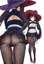 Rule 34 | 1girl, alternate costume, apron, ass, bikini, bikini top only, black pantyhose, black ribbon, blush, breasts, chela77, cleavage, closed mouth, commentary, english commentary, genshin impact, gold footwear, hair ornament, hair ribbon, hat, highres, large hat, long hair, long sleeves, looking at viewer, medium breasts, mona (genshin impact), multiple views, one eye closed, panties, panties under pantyhose, pantyhose, purple hair, purple headwear, ribbon, sideboob, standing, swimsuit, thighs, thong, twintails, underboob, underwear, white apron, white background, white bikini, white panties, witch hat