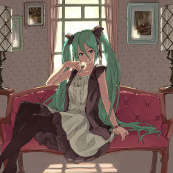 Rule 34 | 1girl, aqua eyes, aqua hair, black pantyhose, bracelet, couch, drawing (object), green eyes, green hair, green nails, grin, hair ribbon, hatsune miku, highres, jewelry, long hair, matching hair/eyes, nail polish, pantyhose, ribbon, shihou (g-o-s), sitting, skirt, smile, solo, spring onion, twintails, very long hair, vocaloid, window, world is mine (vocaloid)