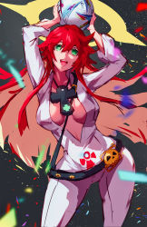 Rule 34 | 1girl, 2022 fifa world cup, ankh, ankh necklace, arms up, ball, bodysuit, breasts, cleavage, green eyes, guilty gear, guilty gear strive, hair between eyes, halo, highres, holding, holding ball, jack-o&#039; valentine, large breasts, long hair, pants, plunging neckline, red hair, skin tight, soccer ball, ura dora, white bodysuit, white pants, world cup