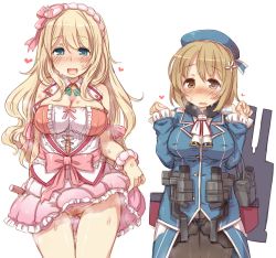Rule 34 | 2girls, 7010, :d, atago (kancolle), atago (kancolle) (cosplay), bare shoulders, blonde hair, blue hat, blush, breasts, brown eyes, brown hair, cleavage, cosplay, costume switch, crossover, female pubic hair, green eyes, hat, heart, idolmaster, idolmaster cinderella girls, kantai collection, large breasts, long hair, long sleeves, looking at viewer, military, military uniform, mimura kanako, mimura kanako (cosplay), multiple girls, no panties, open mouth, panties, panties under pantyhose, pantyhose, personification, pubic hair, pussy juice, pussy juice trail, simple background, skirt, skirt set, smile, uncensored, underwear, uniform, white background, white panties