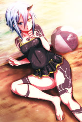 Rule 34 | 1girl, ball, barefoot, beachball, blush, breasts, collarbone, harukaze bou, heterochromia, highres, horns, io (pso2), looking at viewer, open mouth, phantasy star, phantasy star online 2, short hair, small breasts, solo, swimsuit, tattoo, wet, wet clothes, wet swimsuit