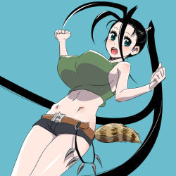 Rule 34 | 1girl, antenna hair, belt, black hair, blue eyes, blush, breasts, casual, hair slicked back, high ponytail, huge breasts, ibuki (street fighter), impossible clothes, long hair, midriff, nonjake, open mouth, raccoon tail, short shorts, shorts, shuriken, solo, street fighter, tail, tank top, very long hair, weapon