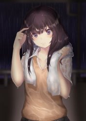 Rule 34 | 1girl, breasts, brown hair, closed mouth, collarbone, commentary request, enatsu, highres, long hair, looking at viewer, original, purple eyes, shirt, solo, towel, towel around neck, upper body, water, wet, wet clothes, wet hair, wet shirt