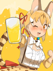 Rule 34 | 1girl, alcohol, animal ears, beer, beer mug, belt, bow, bowtie, brown eyes, brown hair, cat ears, cat girl, cat tail, cup, extra ears, highres, kemono friends, kemono friends v project, large-spotted genet (kemono friends), long hair, looking at viewer, microphone, mug, one eye closed, ribbon, shirt, simple background, skirt, smile, solo, suspenders, tail, twintails, virtual youtuber, y0whqzz8bkslezl