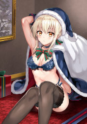 Rule 34 | 1girl, arm support, arm up, armpits, artoria pendragon (all), artoria pendragon (fate), bad id, bad pixiv id, bare arms, black bra, black cape, black choker, black gloves, black hat, black panties, black thighhighs, blonde hair, blush, bow, bowtie, bra, breasts, breasts apart, brown eyes, cape, choker, christmas, closed mouth, commentary request, excalibur morgan (fate), fate/grand order, fate (series), feet out of frame, frilled bra, frills, fur trim, gift, gloves, green bow, green bowtie, hair bow, harimoji, hat, highleg, highleg panties, highres, holding, holding sack, indoors, knees up, lace, lace-trimmed legwear, lace trim, light particles, looking at viewer, matching underwear, medium breasts, navel, panties, photo (object), picture frame, saber alter, sack, santa hat, short hair, sidelocks, sitting, solo, striped bow, striped bowtie, striped clothes, striped neckwear, sword, thighhighs, underwear, weapon