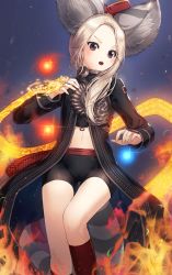 Rule 34 | 1girl, animal ear fluff, animal ears, bike shorts, black eyes, blonde hair, bow, breasts, coat, commentary request, copyright request, fire, glint, hair bow, kfr, long hair, long sleeves, looking at viewer, magic, midriff, open mouth, red bow, small breasts, solo, tail, thigh gap