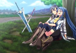 Rule 34 | 1boy, 1girl, ascot, belt, belt buckle, black gloves, black hair, black pants, blue hair, blush, boots, broadsword, buckle, closed eyes, coat, collar, day, eiyuu densetsu, falcom, gloves, grass, hair between eyes, hair ornament, hajimari no kiseki, hand on ground, hand on leg, highres, jacket, laughing, laura s. arseid, long hair, looking at another, on ground, open mouth, outdoors, pants, planted, planted sword, planted weapon, ponytail, purple eyes, rean schwarzer, road, sen no kiseki, short hair, sitting, sitting on person, sky, smile, sword, teeth, thighhighs, thighs, tree, verrell1108, weapon, white coat, white jacket