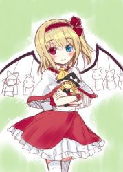 Rule 34 | 1girl, alice margatroid, ascot, blonde hair, blue eyes, blush, bow, capelet, character doll, cosplay, cowboy shot, hugging doll, dress, flandre scarlet, flandre scarlet (cosplay), hair bow, hairband, heterochromia, kirisame marisa, lolita hairband, looking at viewer, minamura haruki, hugging object, pointy ears, red bow, red dress, red eyes, sash, side ponytail, smile, solo, thighhighs, touhou, white thighhighs, wings