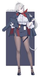 Rule 34 | 1girl, arknights, black footwear, black jacket, black pantyhose, black skirt, breasts, cellphone, character name, commentary, english commentary, flower, gladiia (arknights), grey hair, high heels, highres, holding, holding phone, holding tablet pc, id card, jacket, jacket on shoulders, large breasts, long hair, neckerchief, office lady, pantyhose, pencil skirt, phone, pointy ears, red eyes, red flower, red neckerchief, shirt, shirt tucked in, skirt, solo, suiiryu, tablet pc, very long hair, white shirt
