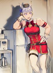 Rule 34 | 1girl, animal ears, armband, bad id, bad twitter id, bare shoulders, belt pouch, bow, bowtie, commentary, dress, gold ship (umamusume), highres, horse ears, horse girl, horse tail, kettle, kitchen, leaning on object, long hair, looking to the side, lvnp, microwave, pantyhose, pillbox hat, pouch, purple eyes, refrigerator, sleeveless, sleeveless dress, solo, tail, tall female, thigh strap, umamusume, white hair