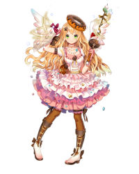 Rule 34 | 1girl, angel wings, blush, boots, bracelet, breasts, brown thighhighs, closed mouth, doughnut, dress, feathered wings, food, frilled dress, frills, full body, gloves, green eyes, hair ornament, highres, holding, jewelry, long hair, looking at viewer, medium breasts, miemia, necklace, orange hair, pearl necklace, pigeon-toed, pink dress, pink gloves, puffy short sleeves, puffy sleeves, royal flush heroes, short sleeves, simple background, smile, solo, standing, thighhighs, white background, white footwear, wings